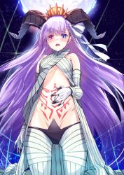 Rule 34 | 1girl, breasts, crown, detached sleeves, fate/grand order, fate (series), from below, gloves, heterochromia, horns, kingprotea (fate), kingprotea (third ascension) (fate), kyougoku touya, long hair, looking at viewer, medium breasts, navel, open mouth, pubic tattoo, purple eyes, purple hair, solo, stomach tattoo, tattoo, very long hair