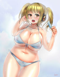 Rule 34 | 1girl, bikini, blonde hair, blush, breasts, brown eyes, cleavage, doyouwantto, female focus, headphones, highres, large breasts, looking at viewer, navel, nitroplus, open mouth, plump, short hair, solo, super pochaco, swimsuit, thick thighs, thighs, twintails, white bikini, wide hips
