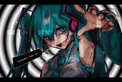 Rule 34 | 1girl, aqua eyes, aqua hair, aqua necktie, armpits, bare shoulders, black sleeves, commentary, detached sleeves, empty eyes, english text, foreshortening, grey shirt, hair ornament, hatsune miku, headphones, letterboxed, long hair, necktie, open mouth, outstretched arm, reaching, reaching towards viewer, shirt, sleeveless, sleeveless shirt, smile, solo, speech bubble, suama (suama-333), twintails, vocaloid