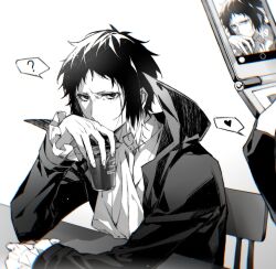 Rule 34 | 2boys, ?, akat42273008, akutagawa ryuunosuke (bungou stray dogs), ascot, bungou stray dogs, cellphone, chair, collared jacket, cup, fingerless gloves, flip phone, gloves, greyscale, hand up, highres, holding, holding cup, holding phone, jacket, long sleeves, looking at viewer, male focus, monochrome, multicolored hair, multiple boys, nakajima atsushi (bungou stray dogs), out of frame, phone, shirt, short hair, simple background, speech bubble, table, two-tone hair