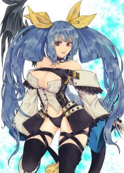 Rule 34 | 1girl, angel wings, asymmetrical wings, belt, black panties, black thighhighs, blue hair, breasts, choker, cleavage, collarbone, detached collar, detached sleeves, dizzy (guilty gear), gluteal fold, guilty gear, guilty gear xrd, hair ribbon, hair rings, highres, large breasts, looking at viewer, mature female, midriff, mature female, monster girl, navel, open mouth, panties, red eyes, ribbon, rolling anco, sidelocks, simple background, skindentation, stomach, tail, tail ornament, tail ribbon, thick thighs, thigh gap, thigh strap, thighhighs, thighs, twintails, underwear, wide sleeves, wings, yellow ribbon