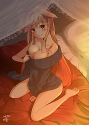 Rule 34 | 1girl, alternate costume, amagami (makise tsubaki), barefoot, bedroom, black ribbon, blonde hair, blush, breasts, cleavage, closed mouth, collarbone, commentary request, dated, gradient hair, hair flaps, hair ornament, hair ribbon, hairclip, highres, kantai collection, long hair, looking at viewer, medium breasts, messy hair, multicolored hair, on bed, red eyes, revision, ribbon, sitting, smile, solo, sweater, wariza, yuudachi (kancolle), yuudachi kai ni (kancolle)