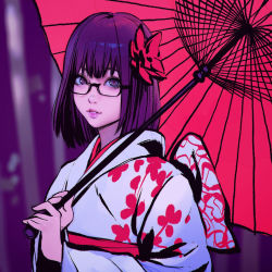 Rule 34 | 1girl, bamboo, bamboo forest, floral print, flower, forest, hair flower, hair ornament, highres, holding, holding umbrella, ilya kuvshinov, japanese clothes, kimono, long sleeves, looking at viewer, nature, obi, original, parasol, purple eyes, purple hair, red pupils, sash, solo, umbrella, upper body