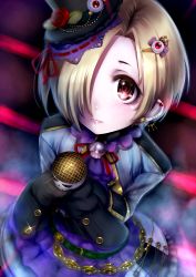 10s 1girl bad_id bad_pixiv_id belt black_gloves blonde_hair blush dress ear_piercing female_focus gloves hair_ornament hair_over_one_eye hat highres idolmaster idolmaster_cinderella_girls looking_at_viewer microphone parted_lips piercing red_eyes shirasaka_koume short_hair smile solo top_hat yummy_yoi