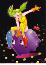 Rule 34 | 1girl, 2005, 2others, artist name, bare shoulders, boots, breasts, character request, cosplay, food, fruit, ghost, gloves, green hair, highres, inky (pac-man), leotard, multiple others, namco, one-piece swimsuit, orange eyes, orange gloves, pac-man, pac-man (cosplay), pac-man (game), red footwear, sitting on creature, skinny, small breasts, swimsuit, task owner, thighhighs, thighhighs under boots, twintails, yellow leotard, yellow thighhighs