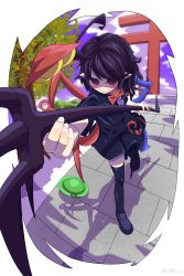 Rule 34 | 1girl, ahoge, asymmetrical wings, black dress, black footwear, black hair, blue wings, blurry, bow, bowtie, breasts, buttons, center frills, closed mouth, cloud, commentary request, depth of field, dress, frilled dress, frills, full body, highres, holding, holding polearm, holding weapon, houjuu nue, long hair, outdoors, pointy ears, polearm, purple sky, red bow, red bowtie, red eyes, red wings, shaded face, shishi wan, short dress, short sleeves, sky, small breasts, smile, solo, thick eyebrows, thighhighs, tomoe (symbol), torii, touhou, tree, trident, ufo, weapon, wings