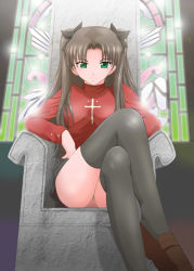 Rule 34 | 00s, 1girl, black thighhighs, brown hair, chair, crossed legs, fate/stay night, fate (series), green eyes, long hair, long legs, no panties, no pussy, panties, pantyshot, sitting, solo, stained glass, thighhighs, throne, tohsaka rin, twintails, two side up, underwear, upskirt