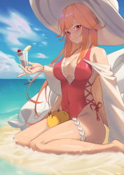 Rule 34 | 1girl, azur lane, bad id, bad pixiv id, beach, blonde hair, blue sky, breasts, cleavage, closed mouth, cloud, covered navel, cross-laced clothes, cross-laced one-piece swimsuit, cup, day, hat, highres, holding, holding cup, jmao, large breasts, looking at viewer, manjuu (azur lane), ocean, one-piece swimsuit, outdoors, parfait, red eyes, red one-piece swimsuit, richelieu (azur lane), richelieu (fleuron of the waves) (azur lane), sand, sitting, sky, smile, solo, sun hat, sunlight, swimsuit, wariza, water, white hat