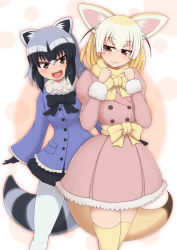Rule 34 | 10s, 2girls, :d, animal ears, black bow, black hair, black neckwear, black skirt, blonde hair, bow, bowtie, brown eyes, clenched hands, closed mouth, coat, common raccoon (kemono friends), fang, fennec (kemono friends), fox ears, fox tail, fur collar, hair between eyes, hands up, highres, kemono friends, legs apart, lips, long sleeves, looking at viewer, miniskirt, multicolored hair, multiple girls, open mouth, pantyhose, pink coat, ponponmaru, raccoon ears, raccoon tail, sash, short hair, skirt, smile, standing, tail, thighhighs, white hair, white legwear, winter clothes, winter coat, yellow bow, yellow legwear, yellow neckwear, zettai ryouiki