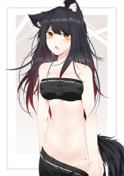 Rule 34 | 1girl, absurdres, animal ear fluff, animal ears, arknights, bandeau, bare shoulders, black bandeau, black hair, black shorts, blush, breasts, cleavage, clothes pull, commentary, cowboy shot, dated commentary, gradient hair, groin, highres, large breasts, looking at viewer, multicolored hair, open mouth, red eyes, red hair, samip, shirt, shorts, shorts pull, solo, strapless, strapless shirt, tail, texas (arknights), tube top, undressing, white background, wolf ears, wolf girl, wolf tail