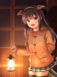 Rule 34 | alternate costume, asashio (kancolle), black hair, black skirt, black thighhighs, blue eyes, blush, brown jacket, coat, comiching, duffel coat, halloween, highres, jacket, kantai collection, lamp, long hair, long sleeves, looking at viewer, miniskirt, open mouth, pleated skirt, skirt, solo, tail, thighhighs