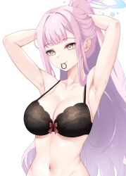 Rule 34 | 1girl, absurdres, amai-pai, armpits, black bra, blue archive, blunt bangs, bra, breasts, collarbone, hair tie in mouth, high ponytail, highres, large breasts, long hair, mika (blue archive), mouth hold, navel, pink hair, sidelocks, simple background, solo, stomach, sweat, tying hair, underwear, upper body, very long hair, white background, yellow eyes