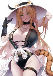 Rule 34 | 1girl, absurdres, animal ears, areola slip, arknights, arms up, black one-piece swimsuit, blonde hair, breasts, cleavage, clothes around waist, ears through headwear, green eyes, hat, highres, huge breasts, jacket, jacket around waist, jewelry, kokihanada, large breasts, long hair, necklace, official alternate costume, one-piece swimsuit, open mouth, pearl necklace, solo, sun hat, swimsuit, swire (arknights), tail, thigh strap, tiger ears, tiger girl, tiger tail