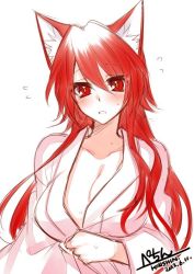 Rule 34 | 1girl, blush, breasts, cleavage, commentary request, dated, flying sweatdrops, konshin, large breasts, long hair, looking at viewer, original, parted lips, red eyes, red hair, signature, simple background, solo, sweatdrop, upper body, white background