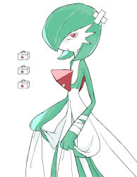Rule 34 | 1boy, bandaged arm, bandaged head, bandages, bob cut, colored skin, cowboy shot, creatures (company), cross, crossed bandaids, first aid kit, from side, game freak, gardevoir, gen 3 pokemon, green hair, green skin, hair over one eye, half-closed eyes, highres, lifted by self, looking at viewer, male focus, matsuriya (pixiv 79070753), multicolored skin, nintendo, one eye covered, parted lips, pokemon, pokemon (creature), red cross, red eyes, short hair, simple background, solo, standing, trap, two-tone skin, white background, white skin