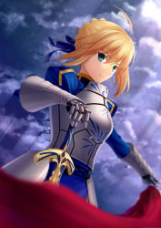 Rule 34 | 1girl, ahoge, armor, armored dress, artoria pendragon (fate), blonde hair, caliburn (fate), dress, fate/stay night, fate (series), gauntlets, green eyes, hair ribbon, kai (link2262), planted sword, planted, ribbon, saber (fate), sheath, sheathed, solo, sword, weapon