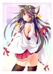 Rule 34 | 10s, 1girl, animal ears, bad id, bad pixiv id, baltika, bare shoulders, black hair, boots, brown eyes, cat ears, cat tail, detached sleeves, hair ornament, hairband, hairclip, haruna (kancolle), honeycomb (pattern), honeycomb background, honeycomb pattern, japanese clothes, kantai collection, long hair, personification, ribbon, ribbon-trimmed sleeves, ribbon trim, tail, tears, thigh boots, thighhighs