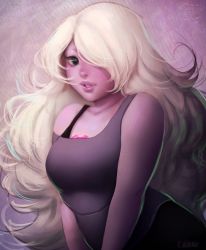 Rule 34 | 1girl, amethyst (steven universe), bare shoulders, black eyes, blonde hair, breasts, colored skin, curly hair, freckles, funsized-cake, hair over one eye, lips, long hair, looking at viewer, medium breasts, parted lips, plump, purple skin, smile, solo, steven universe, upper body, v arms