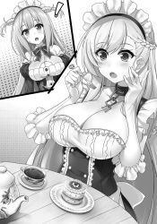 Rule 34 | !, 2girls, azur lane, belfast (azur lane), blush, breasts, chair, cleavage, collarbone, cup, elbow gloves, fork, gloves, greyscale, highres, holding, holding fork, large breasts, looking at another, looking away, maid headdress, monochrome, multiple girls, neptune (azur lane), novel illustration, official art, open mouth, raiou, sitting, table, tea, teacup, teapot