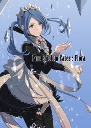 Rule 34 | 1girl, apron, black thighhighs, blue hair, bow, brown eyes, character name, copyright name, cowboy shot, dated, fire emblem, fire emblem fates, flora (fire emblem), ice crystal, kero sweet, long hair, long sleeves, magic, maid, maid apron, maid headdress, nintendo, parted bangs, signature, solo, thighhighs, twintails, white bow