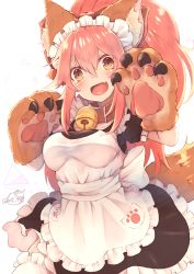 Rule 34 | 1girl, :d, animal ear fluff, animal ears, animal hands, apron, bell, blush, breasts, chita (ketchup), collar, cowboy shot, fang, fate/grand order, fate (series), fox ears, fox tail, frilled apron, frilled thighhighs, frills, hair between eyes, jingle bell, large breasts, long hair, looking at viewer, maid, maid headdress, neck bell, open mouth, paw pose, paw print, pink hair, ponytail, short sleeves, sidelocks, signature, simple background, smile, solo, tail, tamamo (fate), tamamo cat (fate), tamamo cat (second ascension) (fate), tamamo no mae (fate/extra), thighhighs, twitter username, white background, white thighhighs