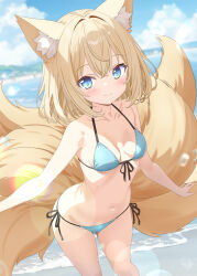 1girl animal_ear_fluff animal_ears aruka_(alka_p1) bikini blonde_hair blue_bikini blue_eyes blue_sky breasts cloud commentary_request commission day feet_out_of_frame fox_ears fox_tail front-tie_bikini_top front-tie_top highres medium_hair multiple_tails ocean original outdoors side-tie_bikini_bottom skeb_commission sky small_breasts solo standing swimsuit tail