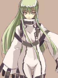 Rule 34 | 00s, 1girl, bodysuit, c.c., code geass, eight, eyebrows, green hair, long sleeves, looking at viewer, looking back, md5 mismatch, outstretched arms, robe, sidelocks, solo, standing, straitjacket, thigh gap, thighs, tsurime, turtle, wide sleeves, yellow eyes
