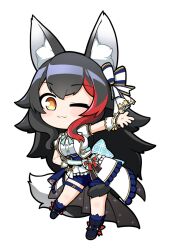 Rule 34 | 1girl, ;3, animal ear fluff, animal ears, back bow, beckoning, black hair, blue shorts, blue skirt, bow, bowtie, chibi, closed mouth, flipped hair, hand on own hip, highres, hololive, hololive idol uniform (bright), jacket, jb jagbung, large bow, long hair, low-tied long hair, multicolored hair, one eye closed, ookami mio, overskirt, puffy short sleeves, puffy sleeves, reaching, reaching towards viewer, red hair, sash, shirt, short sleeves, shorts, simple background, skirt, solo, spiked hair, streaked hair, tail, tail around own leg, tail wrap, thigh strap, transparent background, underbust, very long hair, virtual youtuber, waist bow, white hair, white jacket, white shirt, white skirt, wolf ears, wolf girl, wolf tail, yellow eyes