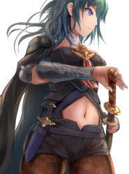 Rule 34 | 1girl, armor, belt, black armor, black belt, black cape, black shirt, black shorts, blouse, blue hair, breasts, brown pantyhose, byleth (female) (fire emblem), byleth (fire emblem), cape, closed mouth, clothing cutout, commentary request, cowboy shot, dagger, detached collar, emblem, fire emblem, fire emblem: three houses, hair between eyes, holding, holding sword, holding weapon, knife, lace, lace-trimmed legwear, lace trim, large breasts, long hair, looking to the side, navel, navel cutout, nintendo, pantyhose, pantyhose under shorts, patterned clothing, print pantyhose, purple eyes, sail (sail-away), sheath, sheathed, shirt, short shorts, shorts, shoulder pads, sidelocks, simple background, solo, standing, sword, sword of the creator, vambraces, weapon, white background