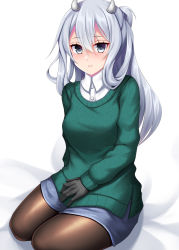 Rule 34 | 1girl, absurdres, alternate costume, black gloves, black pantyhose, blue eyes, blue hair, blue skirt, breasts, fake horns, female focus, gloves, green sweater, highres, horned headwear, horns, i-203 (kancolle), kantai collection, light blue hair, long hair, long sleeves, looking at viewer, medium breasts, miniskirt, pantyhose, ruin re birth, sidelocks, simple background, skirt, solo, sweater