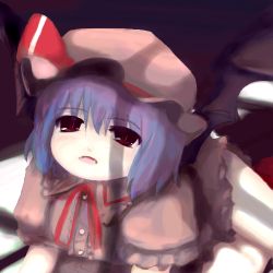 Rule 34 | 1girl, :o, collar, dress, female focus, hat, indoors, looking up, lowres, mob cap, parted lips, pink dress, puffy short sleeves, puffy sleeves, purple hair, red ribbon, remilia scarlet, ribbon, shade, short hair, short sleeves, solo, sunlight, touhou, tsubasa (abchipika)