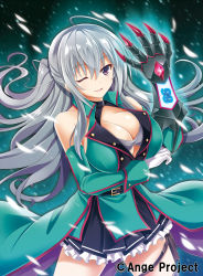 Rule 34 | 1girl, :3, :d, ahoge, ange vierge, breast hold, breasts, cleavage, commentary request, detached sleeves, gauntlets, gloves, hair between eyes, highres, kurowana, large breasts, long hair, nya lapucea, official art, one eye closed, open mouth, silver hair, single gauntlet, single glove, smile, thigh strap, very long hair, white gloves