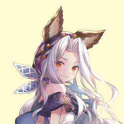 Rule 34 | 1girl, animal ears, arms behind back, bare shoulders, blush, closed mouth, ears through headwear, erune, granblue fantasy, hair ribbon, highres, hika (cross-angel), lips, long hair, looking at viewer, md5 mismatch, red eyes, resolution mismatch, ribbon, scathacha (granblue fantasy), silver hair, simple background, smile, solo, source smaller, upper body