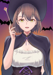 Rule 34 | 1girl, :d, alternate costume, arm behind back, azur lane, baltimore (azur lane), bat (animal), black cape, black hat, braid, breasts, brown hair, cape, cleavage, commentary request, corset, eyebrows hidden by hair, french braid, gradient background, hair between eyes, halloween, halloween costume, hand up, hat, highres, holding, holding wand, juuichiban, large breasts, looking at viewer, open mouth, orange background, purple background, short hair, sidelocks, smile, solo, standing, upper body, wand, witch, witch hat, yellow eyes