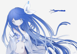 Rule 34 | 1girl, bandaid, blue hair, blue panties, blue theme, closed mouth, collarbone, collared shirt, commentary, flat chest, floating hair, gauze, grey eyes, hair ribbon, highres, limited palette, long hair, long sleeves, looking at viewer, navel, off shoulder, open clothes, open shirt, original, outo eguchi, panties, ribbon, roots, shirt, signature, simple background, solo, standing, string panties, symbol-only commentary, underwear, upper body, very long hair, white background, white ribbon, white shirt