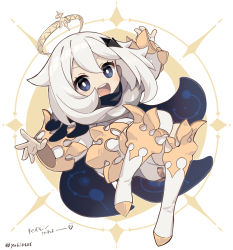 Rule 34 | 1girl, blue eyes, boots, dress, full body, genshin impact, hair between eyes, hair ornament, halo, jam8686, long sleeves, medium hair, open mouth, paimon (genshin impact), scarf, simple background, single thighhigh, solo, thighhighs, white dress, white footwear, white hair, white thighhighs