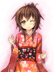 Rule 34 | 10s, 1girl, alternate costume, brown eyes, brown hair, cherry blossoms, clenched hands, folded ponytail, gin&#039;ichi (akacia), gradient background, highres, inazuma (kancolle), japanese clothes, kantai collection, kimono, looking at viewer, obi, one eye closed, sash, simple background, sketch, smile, solo