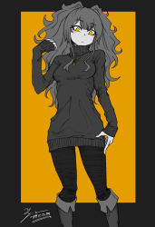 Rule 34 | 1girl, girls&#039; frontline, graphite (medium), grey hair, highres, long hair, m950a (girls&#039; frontline), monochrome, pantyhose, sleeves past wrists, solo, sweater, traditional media, tryvor, yellow eyes