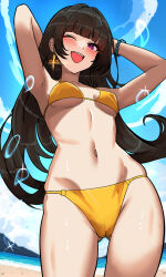 Rule 34 | 1girl, ;d, absurdres, armpits, arms behind head, arms up, bakasp-lilzy, beach, bikini, black hair, blue sky, blunt bangs, blush, bracelet, breasts, cameltoe, cowboy shot, day, from below, gluteal fold, highres, jewelry, long hair, looking at viewer, looking down, navel, one eye closed, open mouth, original, outdoors, purple eyes, sky, small breasts, smile, solo, stomach, swimsuit, underboob, very long hair, yellow bikini