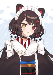 Rule 34 | 1girl, :3, absurdres, animal ears, artist name, brown hair, commentary, flower, hair flower, hair ornament, hemmmlock, heterochromia, highres, inui toko, japanese clothes, light blush, looking at viewer, maid, maid headdress, nijisanji, obi, open mouth, red eyes, red flower, sash, smile, solo, twintails, v, virtual youtuber, wa maid, yellow eyes