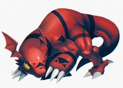Rule 34 | body markings, claws, colored skin, commentary request, dated, digimon, digimon (creature), digital hazard, film grain, full body, grey background, guilmon, highres, huge filesize, katabreak, looking to the side, no humans, red skin, signature, simple background, solo, tail, yellow eyes