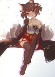 Rule 34 | 1girl, absurdres, akagi-chan (azur lane), animal ears, azur lane, bell, black thighhighs, blunt bangs, breasts, brown hair, chinese commentary, commentary request, detached collar, falling petals, fang, fox ears, fox tail, hair bell, hair ornament, hair ribbon, hakama, hakama short skirt, hakama skirt, head tilt, highres, japanese clothes, kitsune, kyuubi, long sleeves, looking at viewer, multiple tails, mumugui, off shoulder, open mouth, petals, pleated skirt, red eyes, red ribbon, red skirt, ribbon, sakuramon, short hair, short twintails, sidelocks, sitting, skirt, small breasts, smile, solo, tail, thighhighs, twintails, wide sleeves