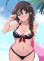 Rule 34 | 1girl, adapted costume, ahoge, bikini, black bikini, black hair, blue sky, blurry, braid, breasts, cleavage, cloud, commentary request, cowboy shot, depth of field, gin&#039;ichi (akacia), green eyes, hair flaps, hair ornament, hair over shoulder, innertube, kantai collection, leaning forward, looking at viewer, medium breasts, one-hour drawing challenge, shigure (kancolle), shigure kai ni (kancolle), single braid, sky, solo, standing, swim ring, swimsuit