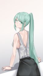 Rule 34 | 1girl, alternate costume, bare arms, bare shoulders, black skirt, breasts, casual, contemporary, cowboy shot, earrings, green eyes, green hair, grey background, grey shirt, highres, jewelry, large breasts, long hair, looking back, pneuma (xenoblade), ponytail, sarasadou dan, shirt, skirt, solo, spoilers, swept bangs, very long hair, watch, wristwatch, xenoblade chronicles (series), xenoblade chronicles 2