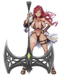 Rule 34 | 1girl, abs, arm tattoo, asymmetrical clothes, axe, barefoot sandals (jewelry), battle axe, bikini, breasts, forehead tattoo, full body, gloves, hand on own hip, holding, holding axe, holding weapon, huge breasts, huge weapon, leg tattoo, long hair, looking at viewer, mappaninatta, muscular, muscular female, pawahara seijo, red hair, single glove, solo, swimsuit, tattoo, weapon, white background, yellow eyes