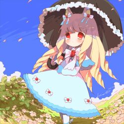 Rule 34 | 1girl, animal ears, baron-0628, berry (oshiri tantei), black umbrella, blonde hair, bow, dated, day, dress, drill hair, flower, hair bow, highres, holding, holding umbrella, long hair, long sleeves, oshiri tantei, outdoors, pantyhose, parasol, red eyes, red nails, solo, standing, umbrella, white pantyhose