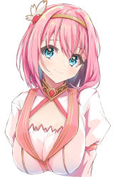 Rule 34 | 1girl, bad id, bad pixiv id, blue eyes, closed mouth, e sky rugo, eyebrows hidden by hair, hairband, highres, looking at viewer, pink hair, princess connect!, shirt, short hair, simple background, smile, solo, split mouth, upper body, white background, white shirt, yellow hairband, yui (princess connect!)