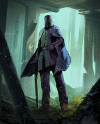 Rule 34 | 1boy, belt, bloodborne, blue cape, blue jacket, blue pants, boots, cape, cloak, commentary request, forest, full body, gloves, grass, hand on belt, helmet, highres, holding, jacket, long sleeves, male focus, miso katsu, nature, outdoors, pants, shoes, solo, standing, sword, twitter username, valtr (bloodborne), weapon