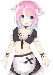 Rule 34 | 1girl, :d, absurdres, animal ears, apron, black skirt, blue eyes, blush, breasts, choker, cleavage, collarbone, commentary request, cowboy shot, crop top, go-1, highres, maid, maid headdress, medium breasts, midriff, navel, open mouth, original, pink hair, revision, short hair, simple background, skirt, smile, solo, standing, underboob, waist apron, white background, wrist cuffs