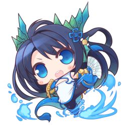 Rule 34 | 1girl, :d, black hair, blue eyes, chibi, chinese clothes, cleavage cutout, clothing cutout, dragon tail, hand fan, gauntlets, horns, karin (p&amp;d), kicking, long hair, open mouth, pantyhose, puzzle &amp; dragons, ruton-niki, smile, solo, tail